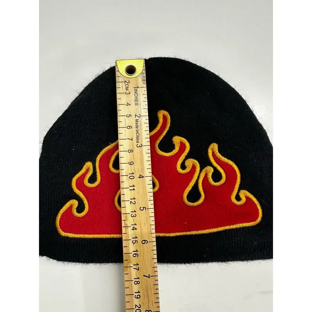 Unbranded Childrens Winter Hat Beanie Black Fleece Embroidered Flame Fire